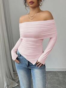Camiseta elegante de mujer con hombros descubiertos, solapa ancha, dobladillo con cordón y ajuste delgado, para primavera y otoño - Rosa - Ver 5