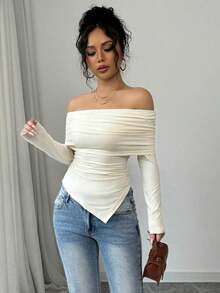 Camiseta elegante de mujer con hombros descubiertos, solapa ancha, dobladillo con cordón y ajuste delgado, para primavera y otoño - Albaricoque - Ver 3