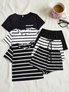 Conjunto de pijama de 3 piezas para mujer con top de manga corta y shorts a rayas de estilo casual - Blanco y Negro - Ver 7