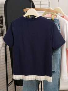 1 pieza Camiseta de moda para mujer con flecos, seda de leche de 180g - Azul marino - Ver 2