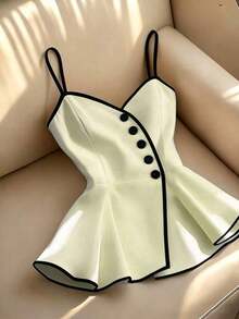 Camisa con botones, volantes y cinturón de unicolor negro y blanco con ribete en contraste, camiseta de tirantes, blusa, adecuada para uso diario, minimalista y elegante, para ir al trabajo, verano - Amarillo - Ver 1