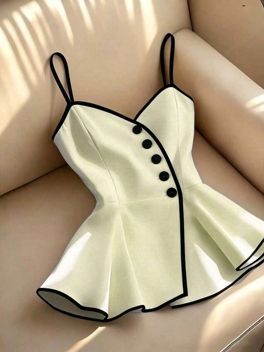 Camisa con botones, volantes y cinturón de unicolor negro y blanco con ribete en contraste, camiseta de tirantes, blusa, adecuada para uso diario, minimalista y elegante, para ir al trabajo, verano - Amarillo - Ver 1