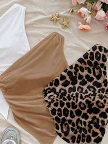Set de 3 blusas de mujer con hombros descubiertos y bajo asimétrico en estampado de leopardo en rojo y negro, inspiradas en el estilo de vacaciones, adecuadas para el verano y la playa - Multicolor 10 - Ver 3