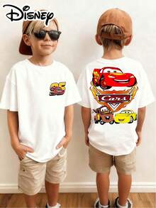 Disney 1pc, Cars Lightning Mcqueen Cartoon Pattern Print, Boys' Clothing, Summer Casual Cute Round Neck Short Sleeve T-Shirt, Fashionable Cool Atmosphere Full, Daily School/Casual Home/Outdoor Travel All-Match - trắng - Xem 1