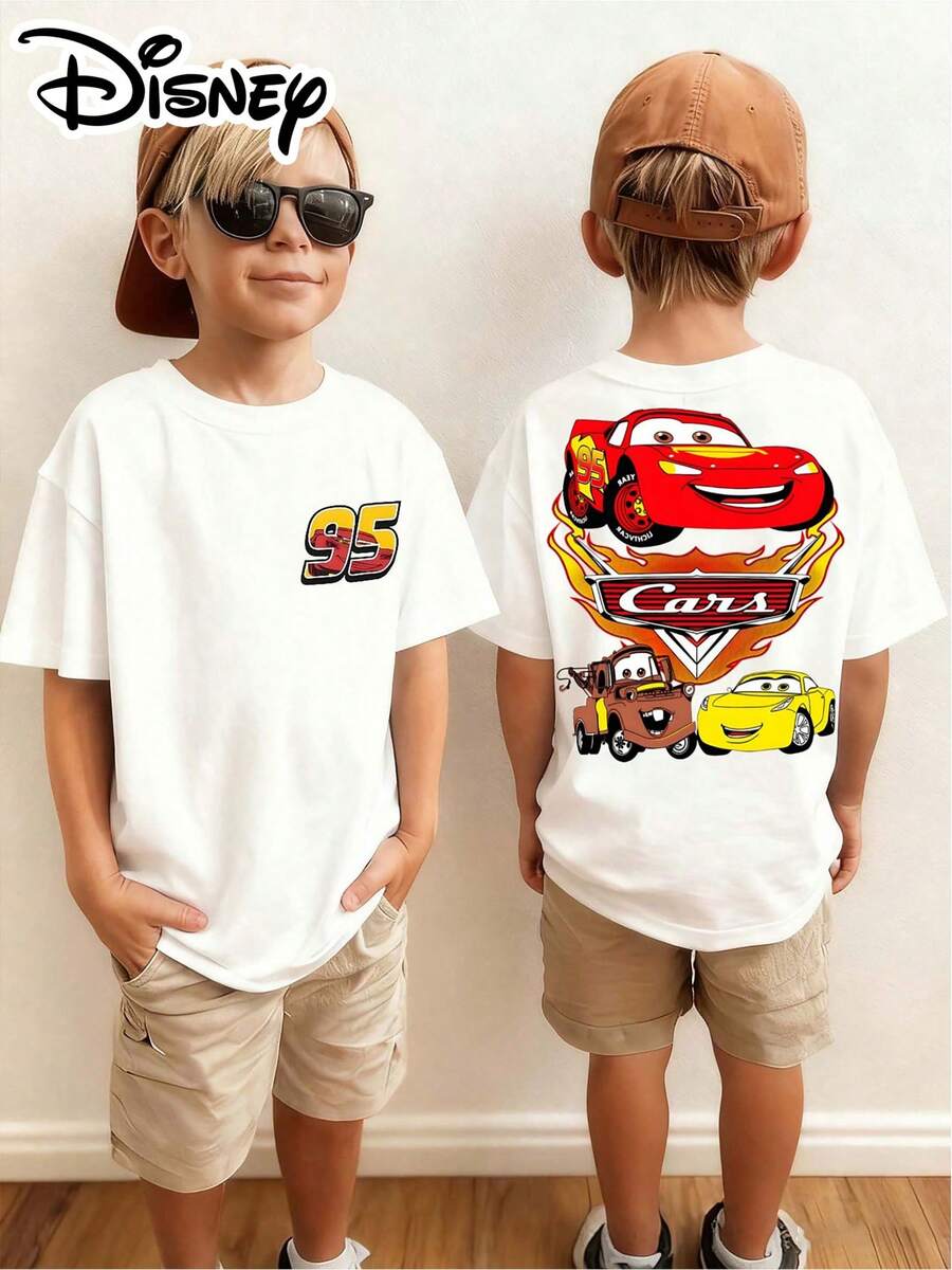 Disney 1pc, Cars Lightning Mcqueen Cartoon Pattern Print, Boys' Clothing, Summer Casual Cute Round Neck Short Sleeve T-Shirt, Fashionable Cool Atmosphere Full, Daily School/Casual Home/Outdoor Travel All-Match - trắng - Xem 1