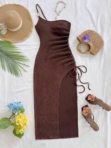 Vestido de mujer con textura de gofre tejido, diseño ajustado con abertura y cordón, adecuado para fiesta, cita, sexy, té de la tarde, playa, verano, festival de música, temporada de bodas - Marrón - Ver 4
