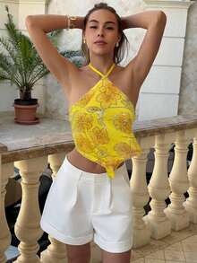Top halter con espalda descubierta y lentejuelas sexy para mujer, ideal para verano, vacaciones en la playa, estilo bohemio, tropical, conciertos, festivales, country, Ibiza, Nashville, estilo occidental, boho, streetwear, gyaru - Amarillo - Ver 5