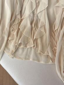 Camisa casual y elegante de mujer con mangas largas, diseño de volantes en capas y unicolor, adecuada para festivales de música/temporada de bodas, primavera/verano - Beis 2 - Ver 6