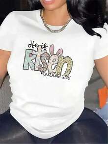 Camiseta negra para mujer con diseño brillante de "Él ha resucitado" - Poliéster ligero, ajuste cómodo, perfecta para uso casual y decoración del hogar, con referencia a una Escritura inspiradora, camiseta para el día a día.|   Diseño de Texto Brillante|   Camisa de ajuste cómodo - Negro - Ver 11