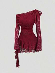 Sweetro Vestido asimétrico con hombro y bajo asimétricos, con encaje, estilo Y2K sexy - Burdeos - Ver 1