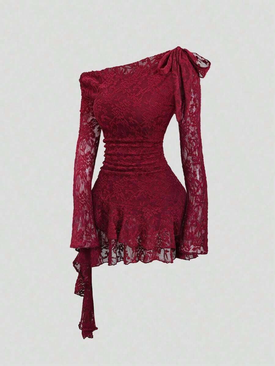 Sweetro Vestido asimétrico con hombro y bajo asimétricos, con encaje, estilo Y2K sexy - Burdeos - Ver 1