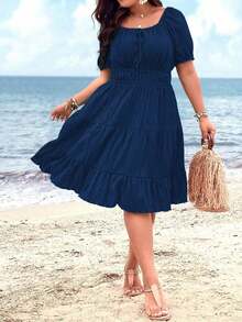 Clasi Vestido corto de manga corta en color burdeos de uso diario, sencillo y liso para mujeres de talla grande - Azul marino - Ver 6