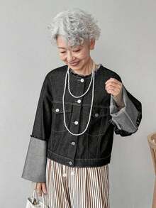 Chaqueta vaquera casual y versátil con botones delanteros sueltos para mujeres, chaqueta vaquera corta para mujeres, chaqueta de jean corta, chaqueta de jean oversize para mujeres - Negro - Ver 6