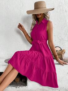 Vestido camisero con volantes en el bajo y cinturón para mujer - Rosa Fucsia - Ver 4