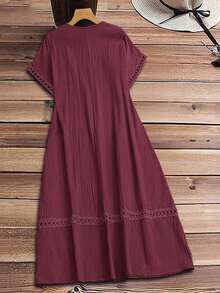 Vestido casual holgado de unicolor con cuello en V y mangas cortas para mujer de talla grande - Burdeos - Ver 3