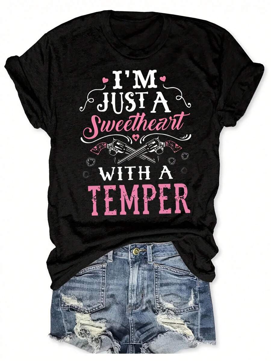 Camiseta casual de manga corta y cuello redondo con estampado de letras de estilo occidental, perfecta para primavera y verano, diseño para mujer - Negro - Ver 1
