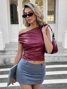 Top para mujer, moda casual de estilo callejero de los 90, primavera y otoño, unicolor, cuello plisado, top de tanque de PU sin mangas, adecuado para salir y fiestas - Rojo - Ver 5