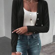 Short Button-Front Cardigan, Long Sleeve Top - Negro - Ver 5