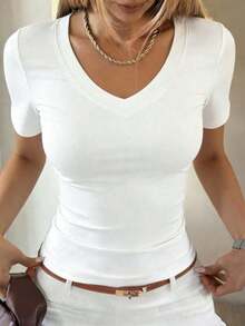 Camiseta de manga corta de unicolor casual para mujer, verano - Blanco 2 - Ver 6