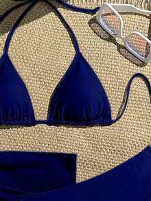 Conjunto de bikini de 3 piezas de unicolor para playa/vacaciones - Azul marino - Ver 3