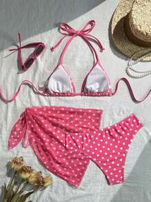 Swim Mod Conjunto de bikini de 3 piezas con estampado de lunares, escote halter y espalda con lazo, para vacaciones en la playa, atuendo de primavera, carnaval 2026, elegante, casual, traje de baño con falda - Rosa Fucsia - Ver 2