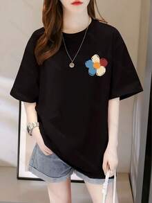 Women's Black T-Shirt - Loose Fit, Short Sleeve, Crew Neck, Soft Casual Shirt For Everyday Wear, Machine Washable, Year-Round Essential, Fashionable Floral Print T-Shirt, Lightweight Top, Versatile Blouse, Y2k Adult T-Shirt - 黑色 - 查看 10