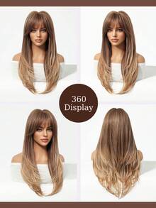 Tóc giả thẳng nhiều lớp màu nâu nhạt ombre dài 22 inch, có mái, chất liệu tổng hợp chịu nhiệt tự nhiên, dành cho nữ, thích hợp sử dụng hàng ngày/công sở/dự tiệc. - Lạc đà - Xem 3