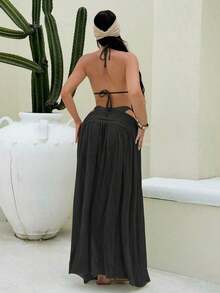 Vaytide Set de 3 piezas: Bikini de tela brillante de unicolor con diseño de aro de metal asimétrico + Vestido de malla larga tipo capa para la playa, traje de baño de resort vacacional para mujer - Negro - Ver 2