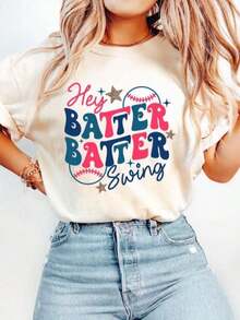 Camiseta de béisbol retro cómoda 100% algodón para mujer, camiseta de béisbol "Hey Batter Batter Swing", regalo para el Día de la Madre y Pascua para mujeres, camiseta suave, elástica y transpirable, tops para todas las estaciones de verano, otoño y Pascua, ropa casual y deportiva para maestras, amigas, novias, colegas, sudadera para mamá béisbolista, regalo para mamá béisbolista, atuendo para el día del juego. - Blanco - Ver 1