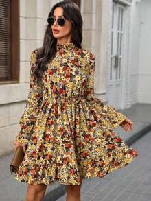 Vestido corto casual de manga larga con cuello alto y estampado floral para mujer - Albaricoque - Ver 4