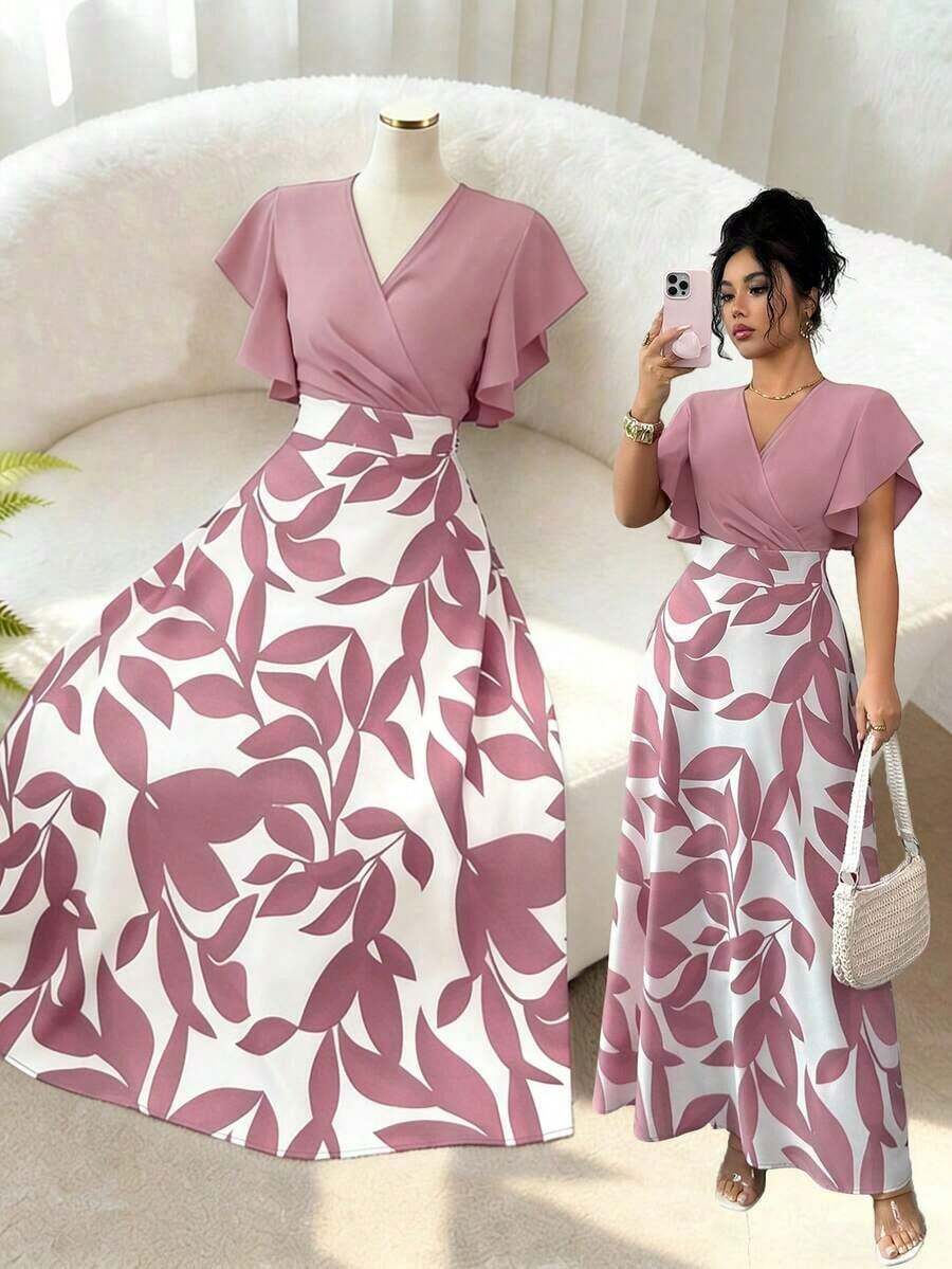 ajustado y acampanado con volantes y mangas de capa, con estampado de hojas de color rojo burdeos, para primavera/verano - Rosa - Ver 1