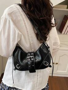 1 pieza Bolso de hombro y axila para mujer con decoración de remaches estilo retro moto punk, correa de hombro ajustable, gran capacidad, cuero sintético aceitado suave, color degradado, adecuado para trabajo, ir y venir, citas, fiestas - Negro - Ver 2