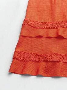 Clasi Vestido mini de manga abullonada con ribete de encaje de unicolor para mujer, para verano - Naranja 2 - Ver 6