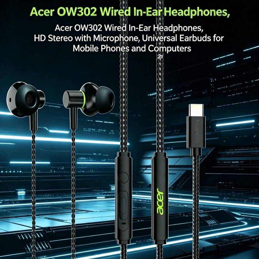 Acer Fones de ouvido portáteis com fio OHW302: Qualidade de som imersiva, universais para celulares Android, computadores e tablets, controles integrados para troca de faixas e chamadas, ideais para jogos e uso no escritório. - Visão 1
