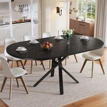 Round Extendable Table With Marble Look - 100 Cm (Extendable To 140 Cm) X 75.5 Cm High - With Sturdy X-Shaped Metal Frame In Black - Ideal As A Kitchen Table Or Breakfast Table - Black - View 3