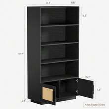 Estantería boho de madera de 5 niveles con puertas de ratán – Amplio armario de exhibición y almacenamiento – Librero alto para sala de estar, dormitorio, oficina en casa o cocina. - A5 - Ver 7