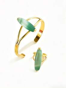 1 Set Vintage Ring & Bracelet Jewelry Set, Suitable For Women's Daily Wear And Parties (Agate Color Random) - Set - View 9