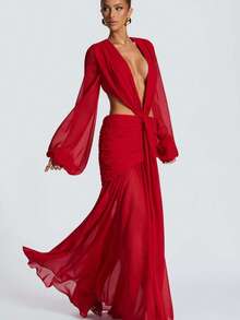 Vestido largo de gasa manga larga espalda descubierta color liso elegante - Rojo - Ver 3