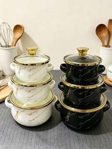 3pcs Enamel Pots With Gold Rim, Mini Enamel Soup Pot, Porridge Pot, Milk Pot, Double-Ear Pot, Enamel Pot, Noodle Pot, Milk Pot, Enamel Bowl With Lid - View 12