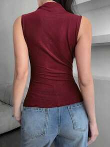 Camiseta ajustada de mujer de unicolor, con malla de cristales, transparente y sexy, para uso casual en verano - Burdeos - Ver 8