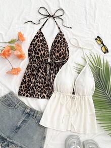 2 piezas Camiseta sin espalda con escote en V y tirantes con estampado de leopardo sexy, adecuada para vacaciones, citas, té de la tarde, vacaciones, festivales de música, estilo bohemio - Multicolor - Ver 6