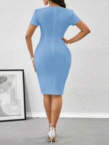 xheSHEIN Lady Vestido midi ajustado con volantes elegantes para mujer, vestidos de verano para cumpleaños y eventos / vestidos de oficina / vestidos de iglesia / vestidos de boda / vestidos de vacaciones / vestidos blancosxhe - Celeste - Ver 2