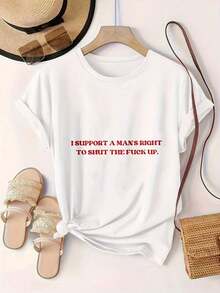 Camiseta Casual Vintage de Manga Corta para Mujer - "Apoyo el derecho del hombre a callarse", Cuello Redondo, Top de Verano, Lavable a Máquina, Camisetas para Damas, Ropa Casual, Estilo Moderno, Ajuste Cómodo  
 -WhiteFashion - Blanco - Ver 2