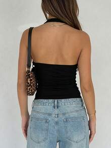 Sexy & Fashionable Deep V-Neck Halter Backless Ruched Bodycon Tank Top, New Arrival Spring/Summer Casual Black - Black - View 4