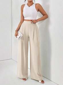 Pantalones holgados básicos casuales de cintura alta de unicolor, plisados y de pierna ancha para mujer - Albaricoque 2 - Ver 8