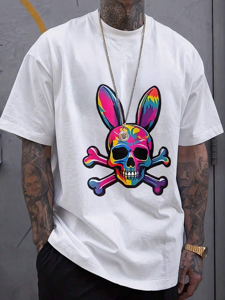 Men's T-Shirt With Skull And Rabbit Ear Design, Round Neck, Casual Style, Suitable For Spring And Autumn, Loose And Comfortable. - White - View 1