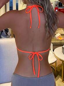 Women's Bright Orange Ribbed Halter Triangle Bikini Top Sexy Plunge Neck Swimwear Top - Orange - View 2