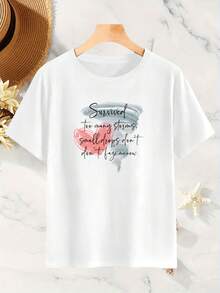 Camiseta de algodón puro para mujer con estampado de frases inspiradoras - Top casual de manga corta y cuello redondo con estampado, lavable a máquina, blanca con frases inspiradoras y diseño de corazón rojo, adecuada para primavera, verano y otoño, material no transparente. - Blanco - Ver 2