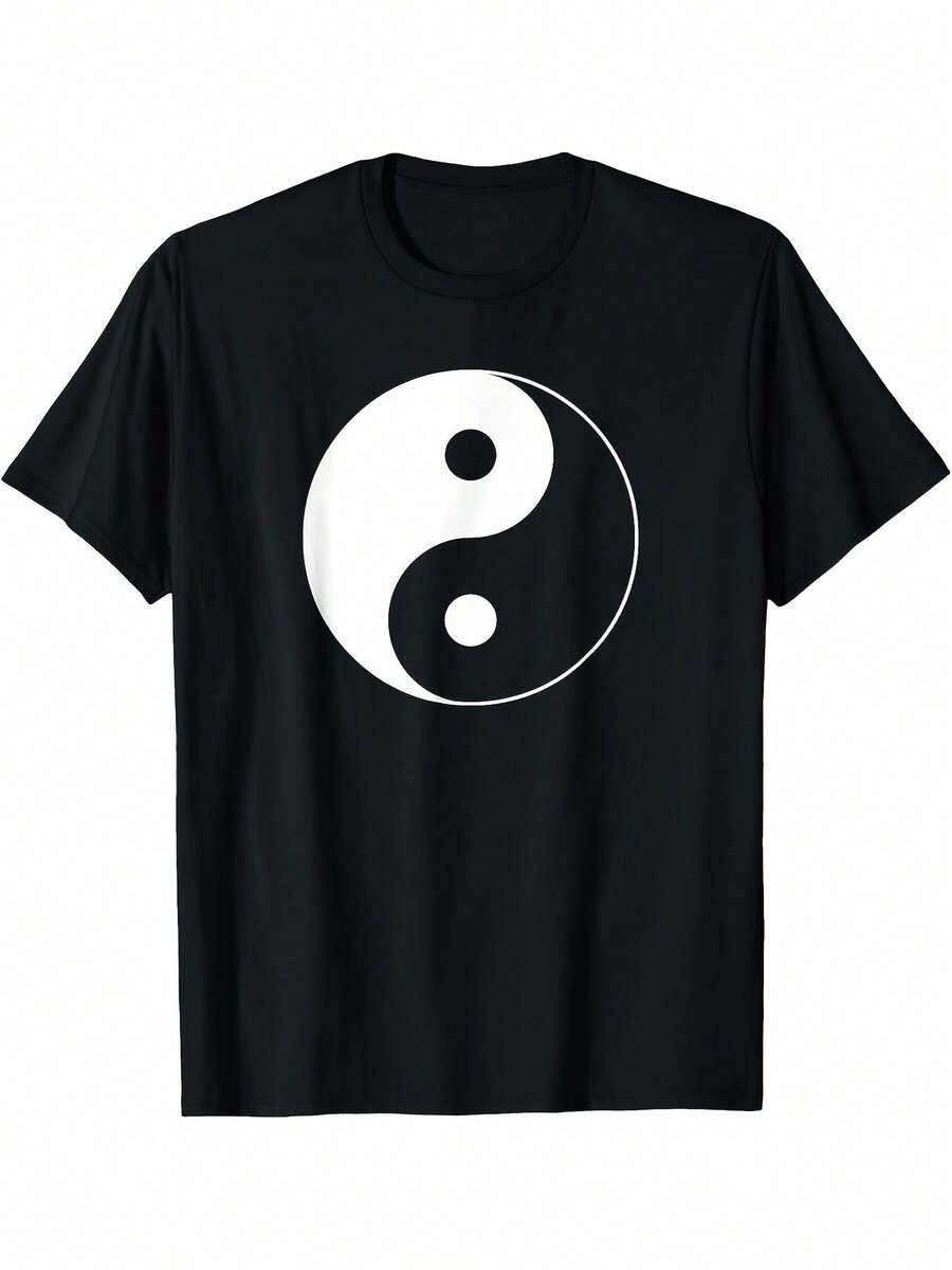 Miftees Yin-Yang Design T-Shirt - Classic Unisex Adult Style, Black Short Sleeve Crew Neck Cotton T-Shirt, Yoga Design, Comfortable For All Seasons, Urban Style Cotton Short Sleeve Crew Neck T-Shirt, Parisian Style Men's T-Shirt, Loose And Comfortable. - Black - View 1