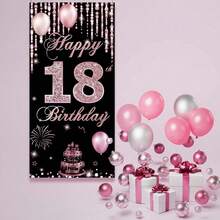 1 pièce Bannière d'anniversaire de 18 ans "Happy 18th Birthday" noire et or rose étincelante avec diamants, en matériau polyester, avec rideau de perles, éléments de gâteau et de feux d'artifice, convient pour les cérémonies de style luxe léger pour adultes, décorations de fête d'anniversaire, décors de fond photographique, décorations de cour, décorations de fête, etc. - A - Voir 4